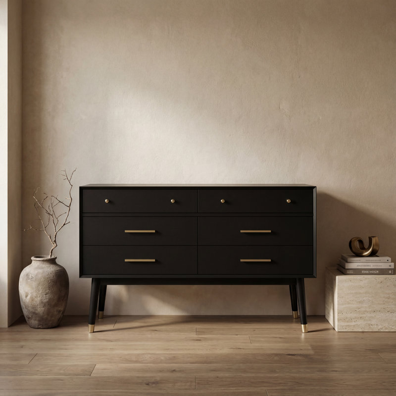 Zack 6 Drawer Wood Dresser, Black/Brass