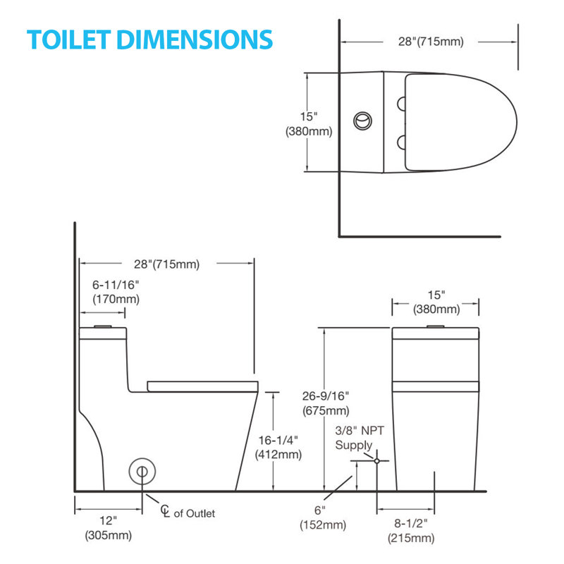 16.25" Comfort Height One-piece Toilet, 1.1/1.6 Gpf Dual Flush, Super Siphon Flushing, Easy Clean Glazed Surface Toilet, Top