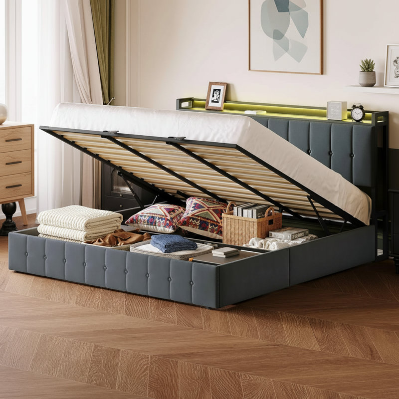 Base de lit avec rangement relevable et station de charge, Grand lit, Gris foncé