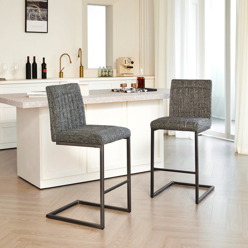 Tabouret de bar - Tissu texturé gris moucheté avec dossier capitonné vertical, Gris foncé