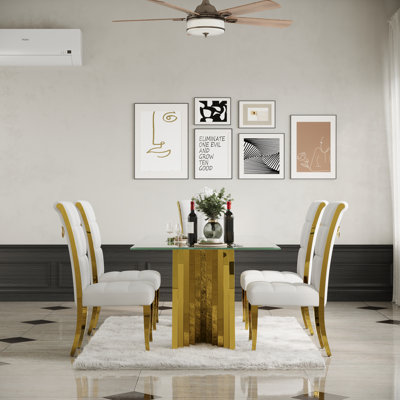 Dining Chairs Set Of 2, White Velvet Upholstered Dining Room Chairs With Metal Ring Pull Gold Legs by Rosdorf Park