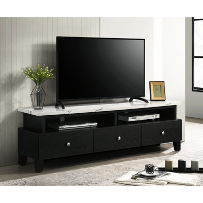 Console de 60 à 69 pouces avec meuble télé contemporain, décorations en faux marbre noir et blanc, trois tiroirs pour le salon