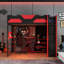 Lit mezzanine double pleine grandeur avec bureau, tablettes de rangement, ports USB et lumière DEL RVB, rouge-301346971