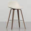 Tabouret de comptoir / de bar (2) - Crème rembourré, repose-pieds, structure en placage brun, thème des 2 tabourets de hauteur, revêtement rétro, profil bas, repose-pieds, conception de style Mid-Century