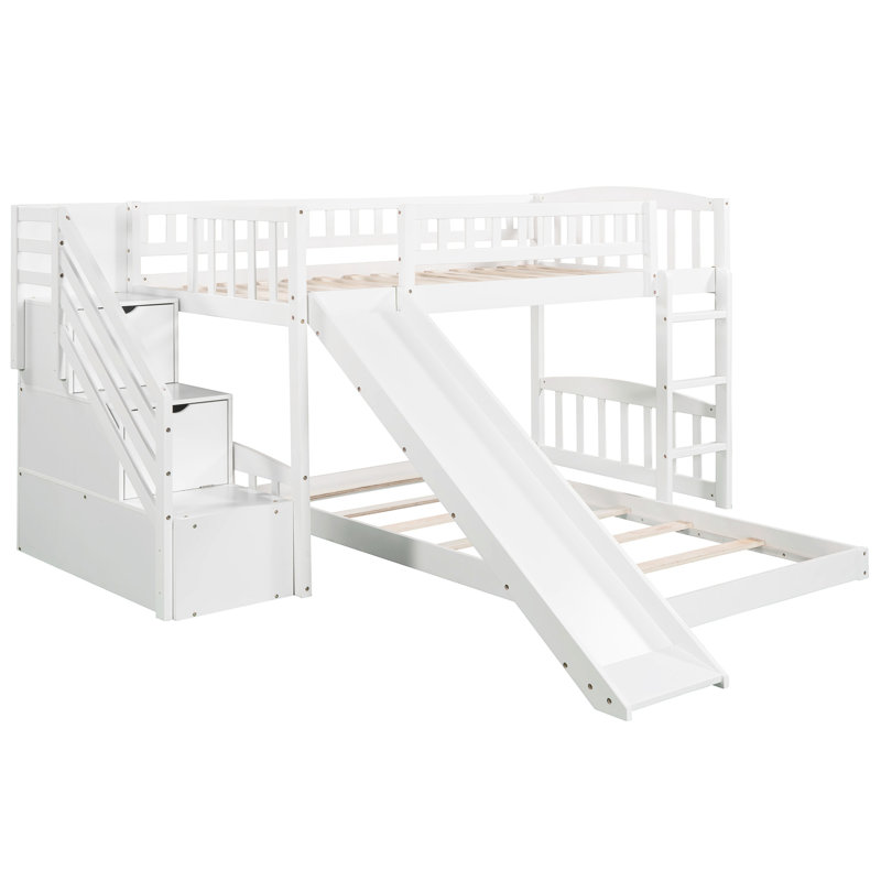 Lit simple au-dessus d'un lit superposé blanc avec accès en toute sécurité et glissade agréable - fabrication stable de tiroirs de rangement ludiques