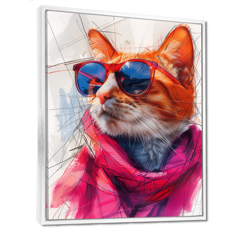 Chat curieux rose avec lunettes de soleil, Cadre flottant blanc, H 16 po x l 32 po x P 1 po