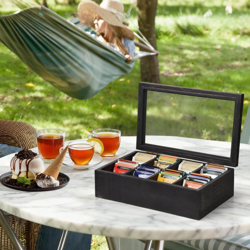 Boîte à thé en bois Porte-sachets de thé Boîte de rangement pour sachets d'épices et sachets de sucre avec 8 compartiments et fenêtre en verre vieilli noir