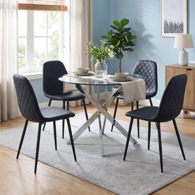 Maya Round Glass Dining Table with 4 Gem Chairs Chrome Finish