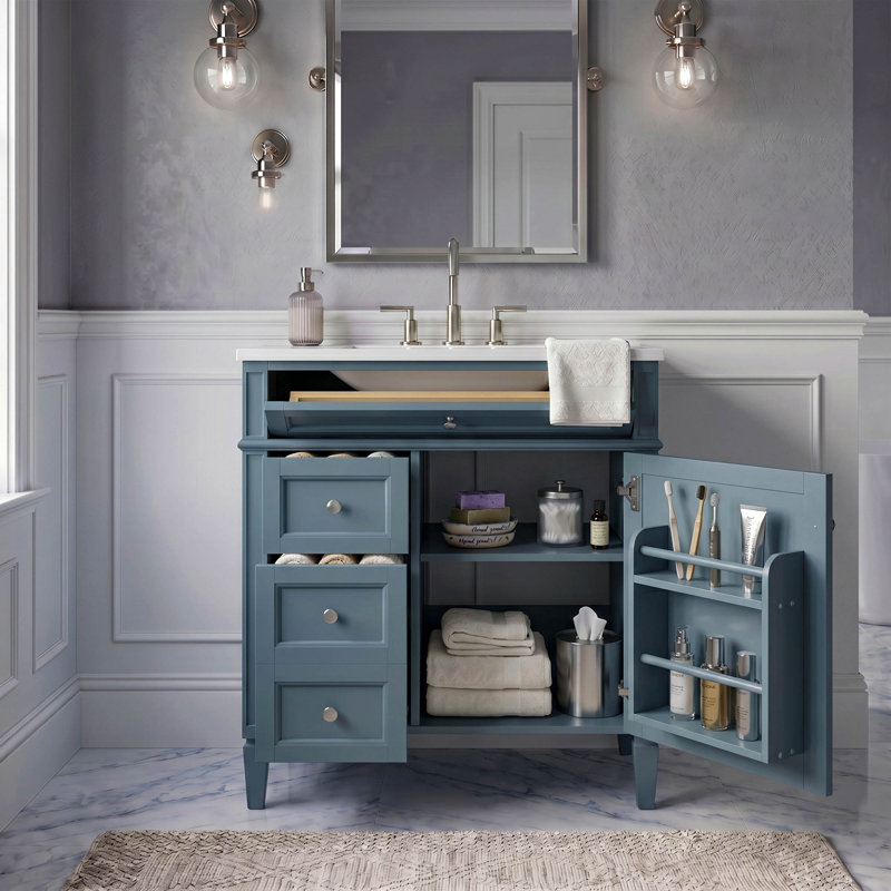 Meuble-lavabo bleu 30 po avec lavabo supérieur, meuble-lavabo moderne simple à 2 tiroirs et tiroir basculant, smoke blue