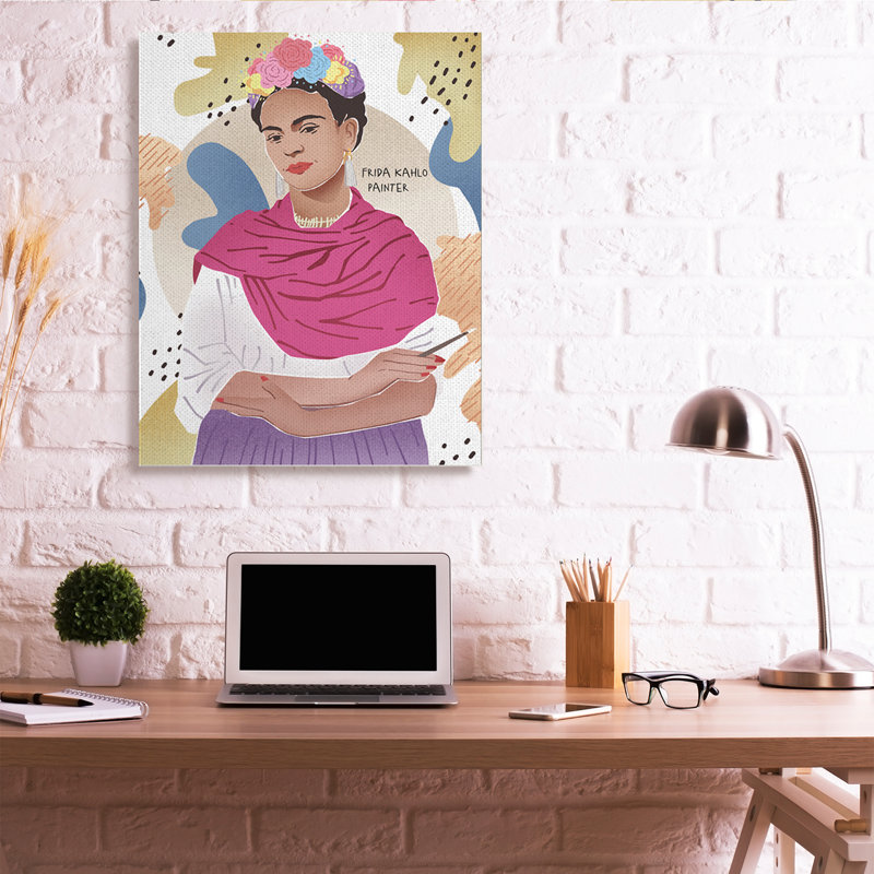 Frida Posing With Paint Brush Abstract Round Pattern - Graphic Art, Wrapped Canvas, 48" H x 36" W