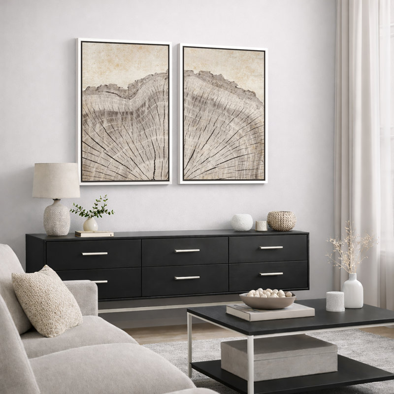 Tree Ring "Oak Wood Stump Slice Artwork, Vintage Neutral Country Cabin Wall Pictures, Framed Canvas Giclée Print 2 Pieces Wall Art"