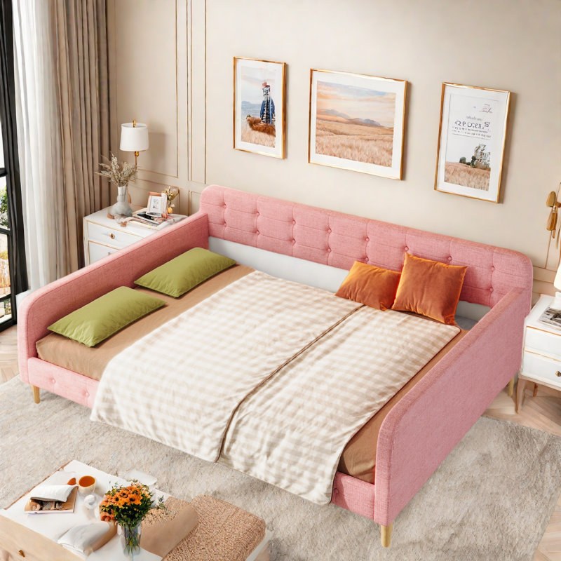 Upholstered Daybed With 4 Support Legs, Pink