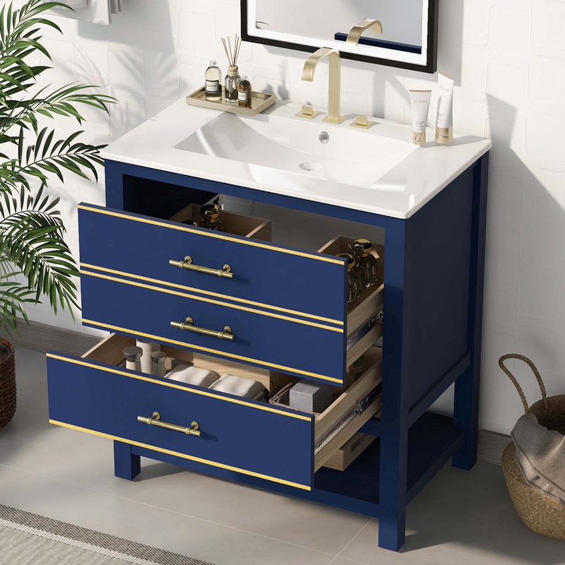 Modern Bathroom Vanity Cabinet With Sink, Open Storge & 2 Drawers, Blue