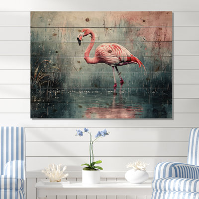 Minimalisme flamant rose sous la pluie II - Art mural animal flamant rose sur bois de pin naturel
