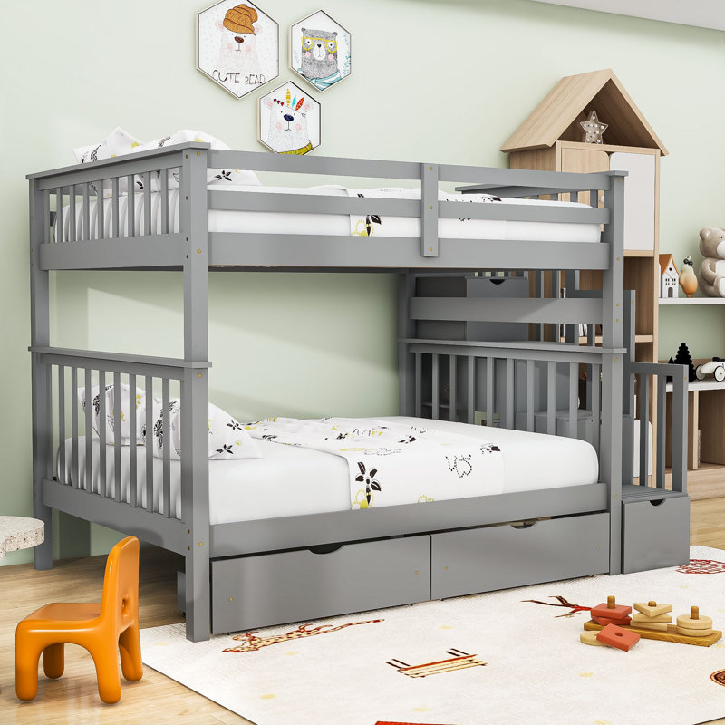 Lit superposé double au-dessus de double, lit superposé en bois avec tablettes et tiroirs, gris