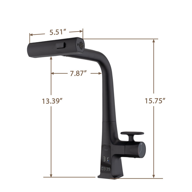 Matte Black Waterfall Kitchen Faucet with LED Temperature Display and Timer