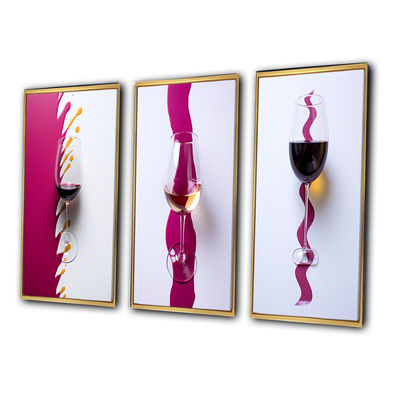Verre à vin rouge, présentation magenta - ensemble de 3 pièces de vin et champagne, Cadre flottant doré, H 40 po x l 60 po