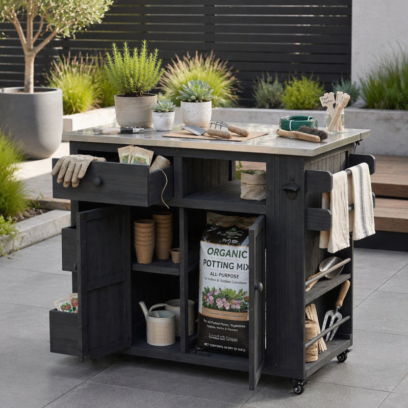 Îlot de cuisine extérieur extensible avec plateau en acier inoxydable et tablette à épices latérale, Black