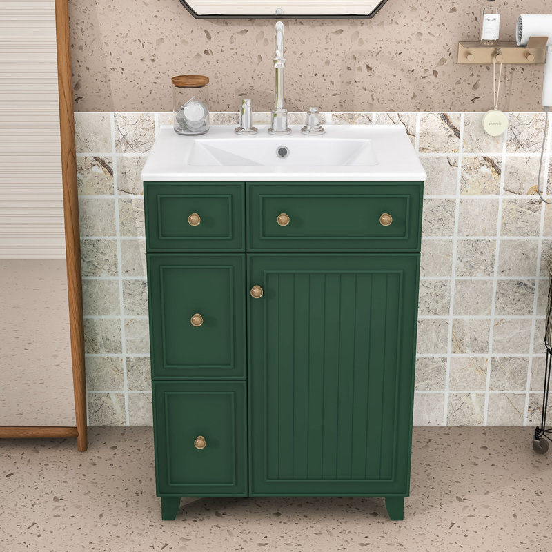 Chic 24-Inch 2 Drawers Bathroom Vanity with Ceramic Sink and Space-Saving Design, Blue, Gold