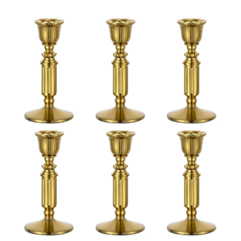5.5" Gold Brass Taper Candle Holders, Set Of 6