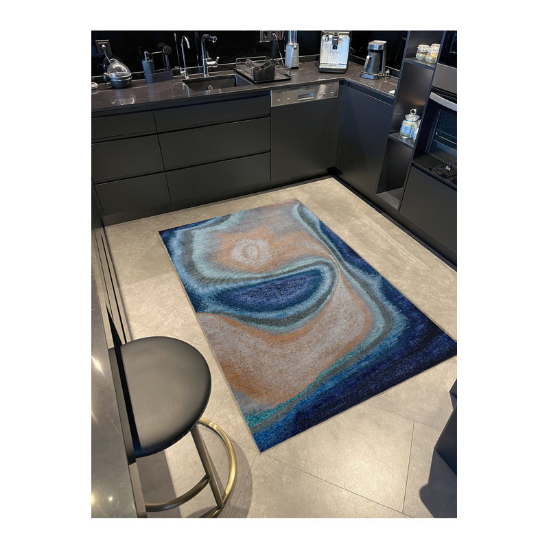 Tapis décoratif moderne à motif abstrait en spirale ondulé lavable à la machine, Tapis de couloir 3 pi 3 po x 6 pi 7 po