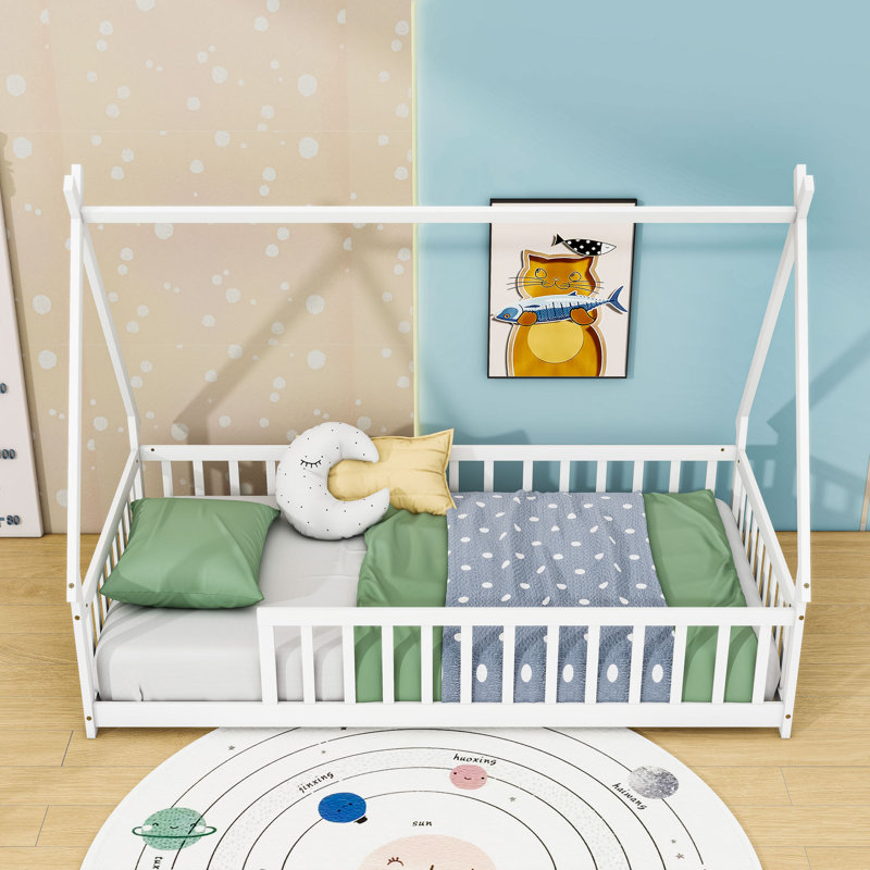 Twin Wooden Tent-Shaped Teepee Floor Bed, White