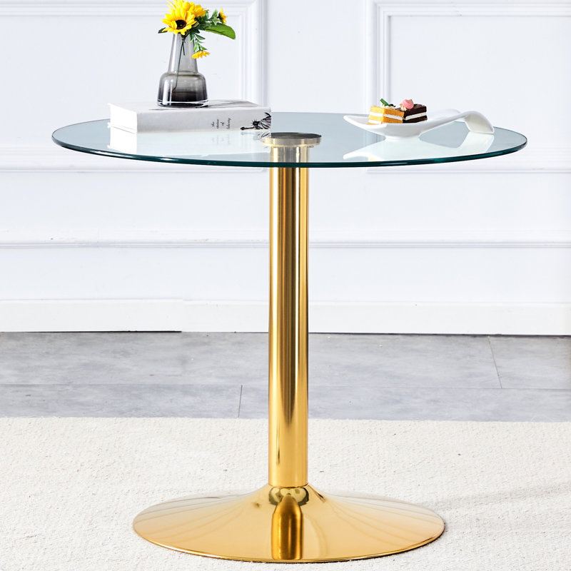 Table de salle à manger ronde en verre trempé de 35 po avec pieds en métal doré, s'adaptant à différents styles d'intérieur pour rehausser l'esthétique de votre espace