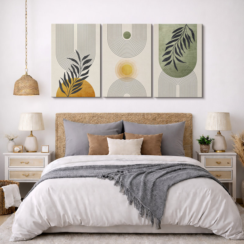«Mid Century Modern Boho», pastel vert géométrique, feuille de palmier jungle, Toile tendue, H 36 po x l 72 po, Sans cadre