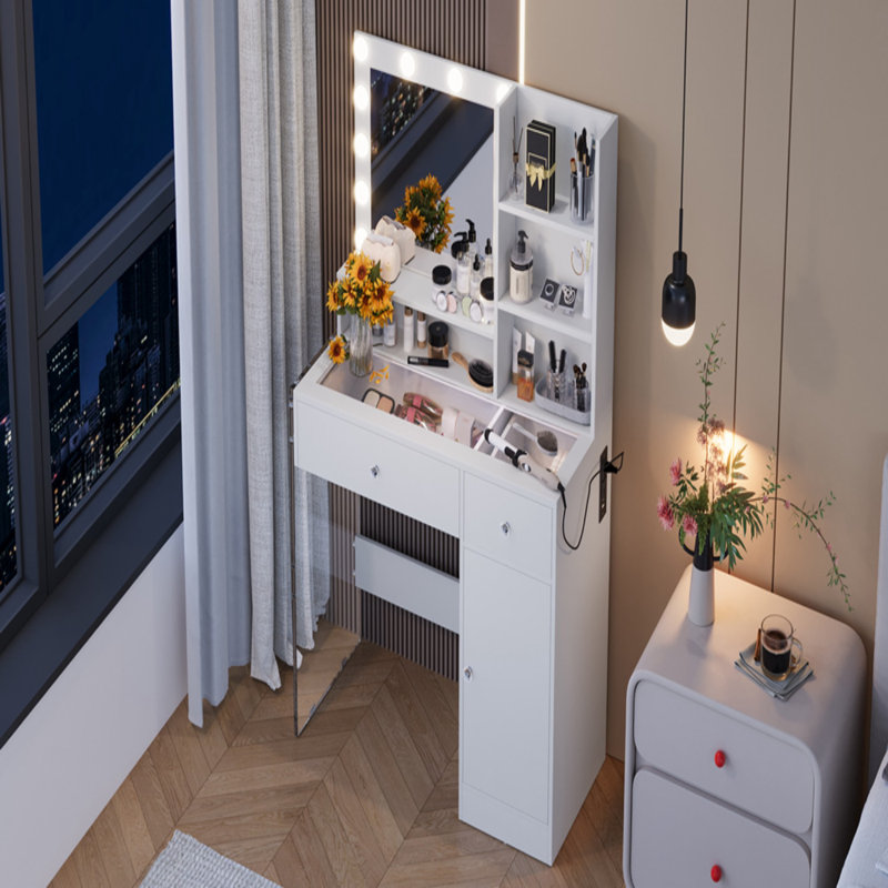 Coiffeuse en bois blanc avec miroir et 3 modes d'éclairage: plateau en verre et station de charge: l 35,4 po x P 15,7 po x H 53,9 po
