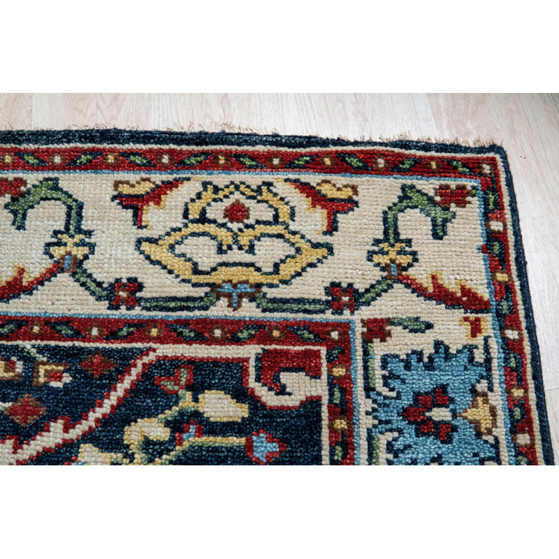 Blue Hand-Knotted Wool Phoenix Design Motif Geometric Modern Contemporary Carpet Rug