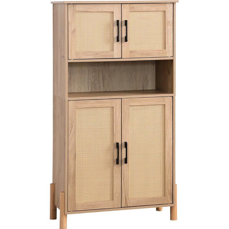 Armoire tissée Mid-Century à 4 portes avec tablettes réglables pour le rangement. Quatre catégories de conception, tablettes de rangement flexibles. Idéaux essentiels pour la salle à manger et le fouillis de salon. Structure
