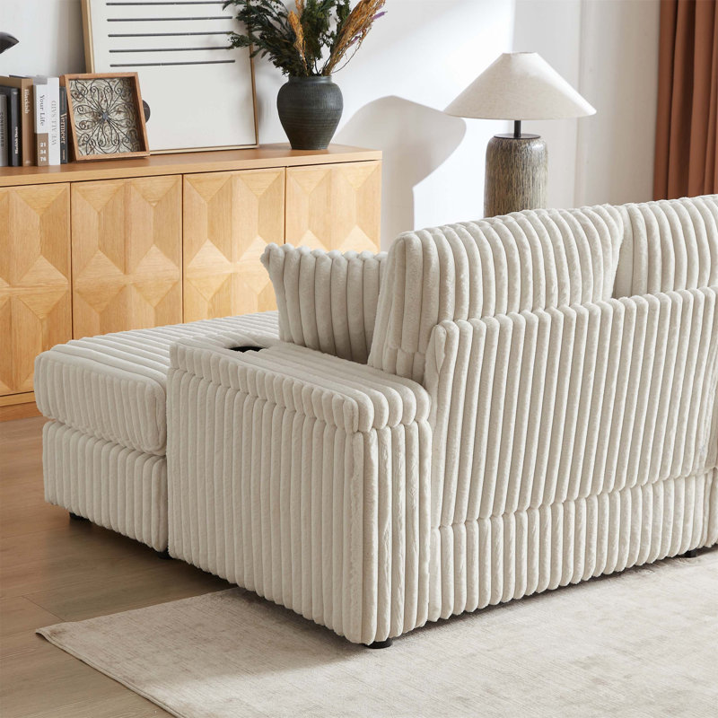 Canapé 84 pouces en velours côtelé 3 places avec porte-gobelets et tabourets de rangement, Beige