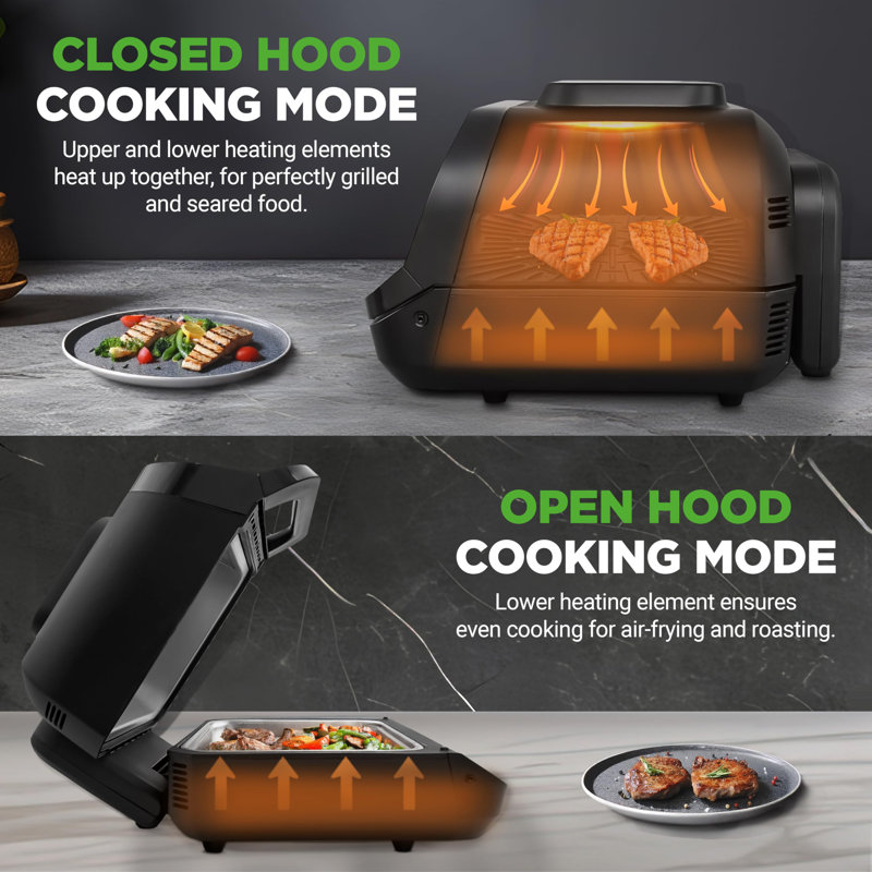 Nutrichef Indoor Smokeless Grill | Smart Grill & Air Fryer With 7 Cooking Functions | 6L Capacity | Includes Smart Thermometer | Precise Temperature Control | Non-Stick Removable Grill Plates