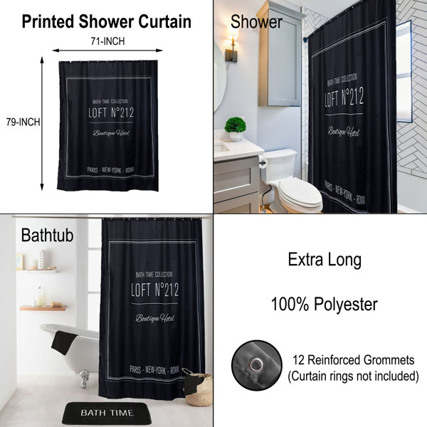 Evideco Neo Retro Writing Design Extra Long Polyester Shower