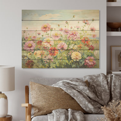 Zinnias Country Charm - Zinnias Wood Panel Wall Art On Natural Pine Wood