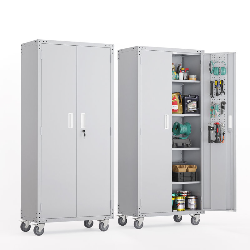 Armoire de rangement en acier pour outils avec roulettes et plaque à trous, Gris