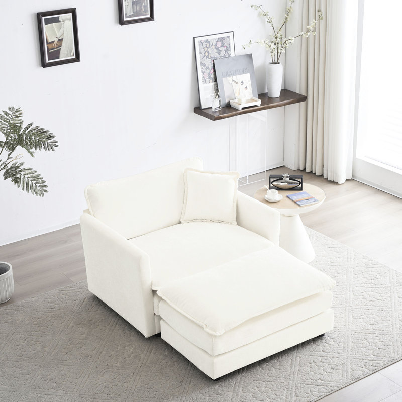 Fauteuil de chambre à coucher en chenille blanche - Tissu haut, fabrication en bois massif pour le confort avec repose-pieds de couleur, matériau respirant, structure