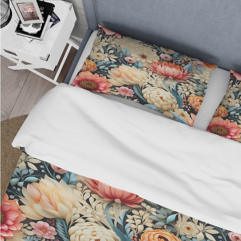 Ensemble de housse de couette beige et rose à motif floral pivoines II, Housse de couette pour très grand lit et 2 très