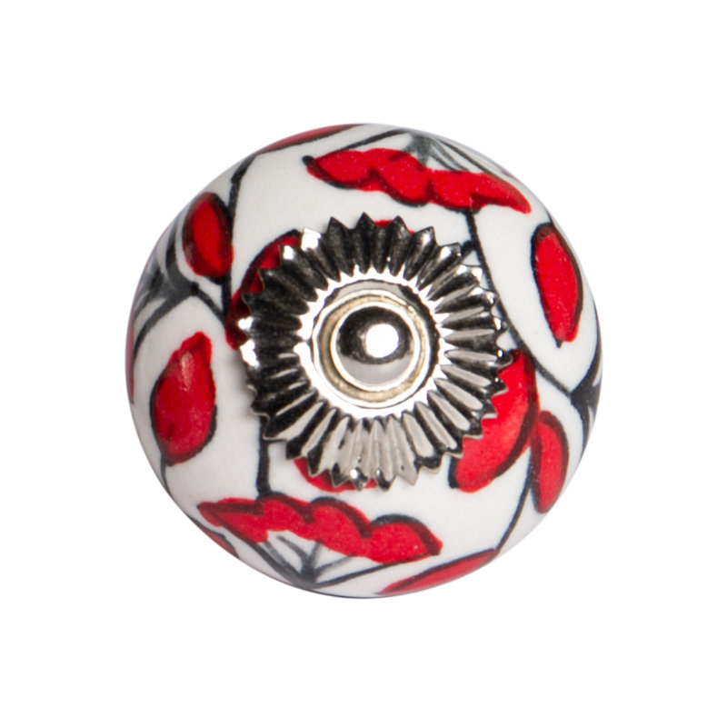 Ensemble de huit poignées de tiroir en céramique blanche et rouge et en métal