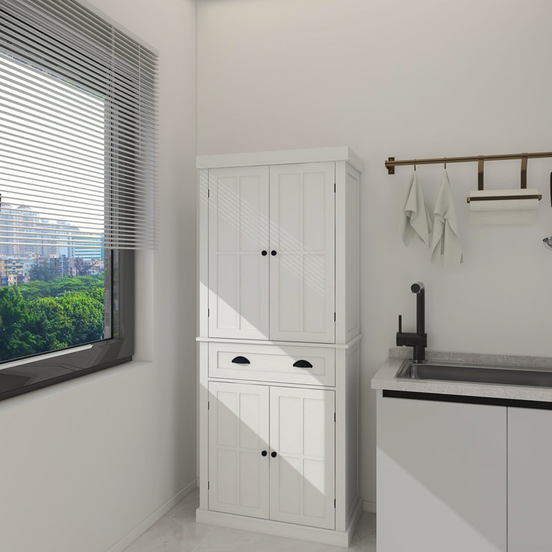 Armoire de rangement pour garde-manger de 71 po, avec 4 portes, tiroir, 2 tablettes réglables, armoire autoportante pour le salon de la salle à manger, buanderie - blanc