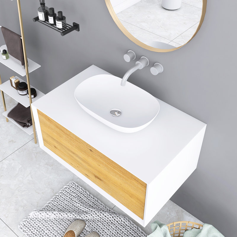 Armoire de salle de bain murale moderne de 35 po, équipée d'un lavabo à surface solide, d'un corps d'armoire en panneau de fibres à densité moyenne et d'un tiroir à rebond automatique sans poignée
