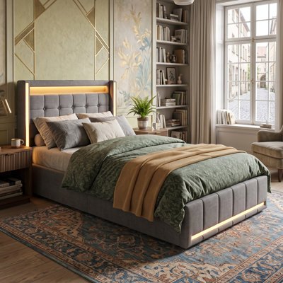 UK & EU Linen Upholstered Bed Frame with 360° RGB LED & USB Type-C, Underbed Storage Drawers, Single, Double & King, Grey & Beige