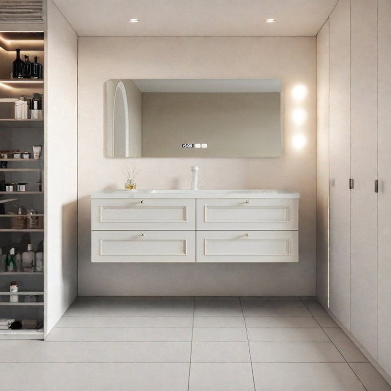Armoire de salle de bain crème, Blanc, 63"