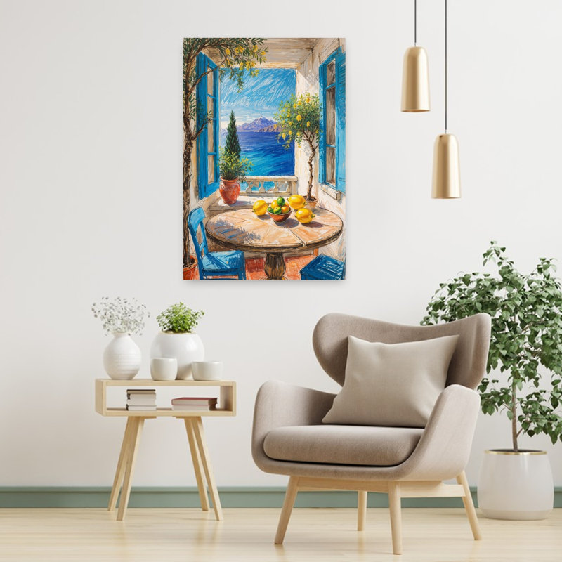Citrons et océan, balcon, paisible, citronnier abstrait, fruits de mer, impression murale, 36" H x 24" W
