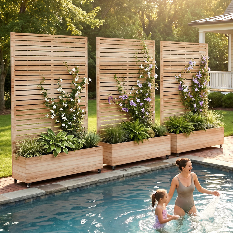 Metal Planter Wall with Trellis and Wheels, Mobile Outdoor Elevated Garden Bed, Dual-Purpose for Privacy Decoration and Planting, with Drainage Holes, for Climbing Plants, Vegetables, and Vining Flowers 