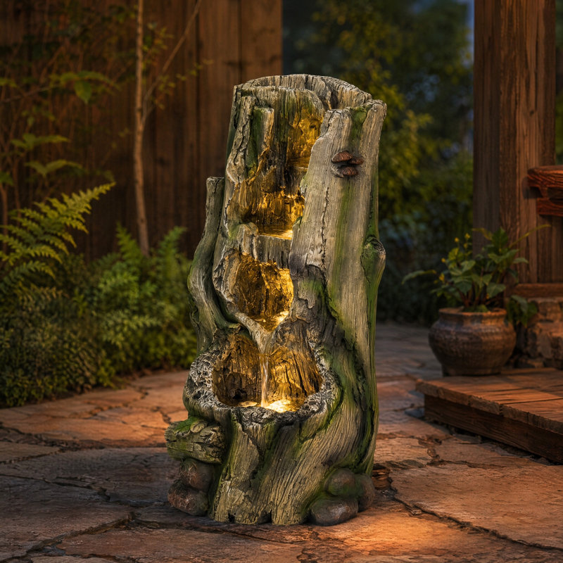 Outdoor Tree Trunk Water Fountain with Warm LED Lights, 23.62" Resin Garden Fountain