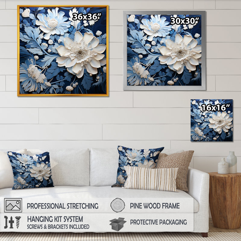 Watercolor Blue And White Seasonal Flowers III - Flowers Canvas Print Wall Art, 16" H x 16" W, Gold Floater Framed