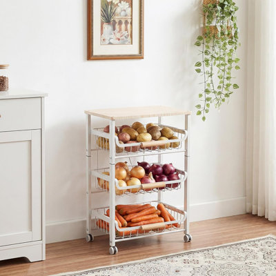 Chariot de rangement à 4 niveaux pour fruits et légumes avec plateau et poignée en bois, organisateur de panier coulissant en fil métallique pour le garde-manger, l'oignon, la pomme de terre et le petit espace de rangement (blanc)