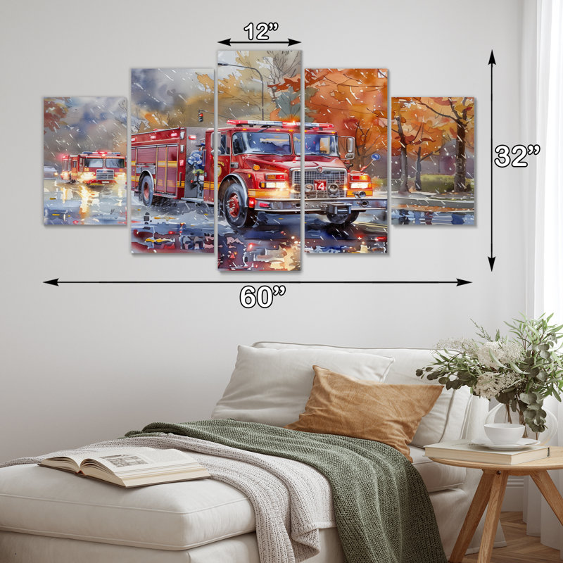 «Red Fire Truck In Autumn New York II», ensemble de reproductions d'art mural pompier