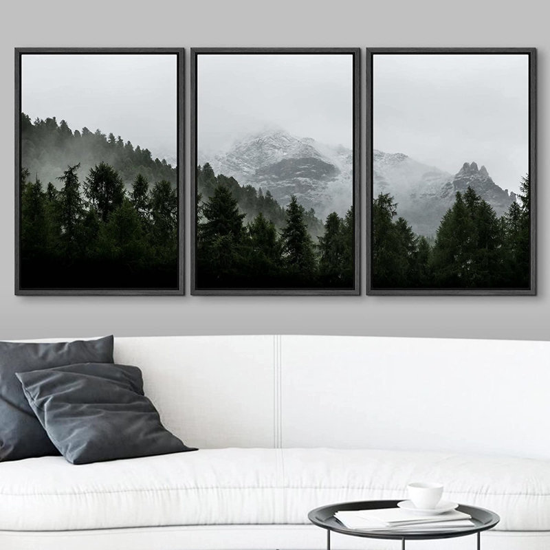 «Misty Forest Landscape Mountain with Fog Natural», reproduction de photo sur toile 3 pièces, H 36 po x l 24 po x P 1,5 po